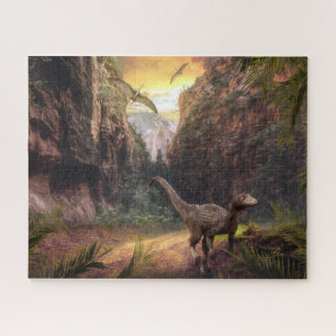 Velociraptor & Pterosaur in Prehistoric Landscape Jigsaw Puzzle