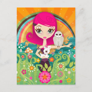 VelusaBerry Big Eye Girl and Deer and Owl Postcard