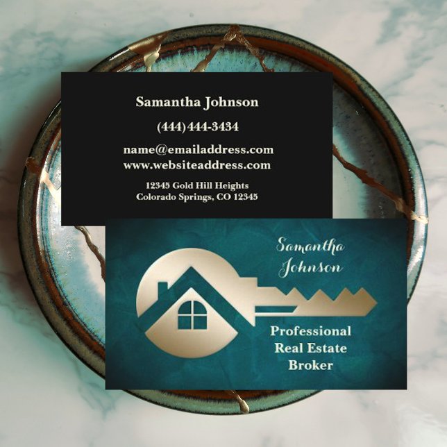 Velvet Aqua Gold Key Real Estate Business Card (Creator Uploaded)