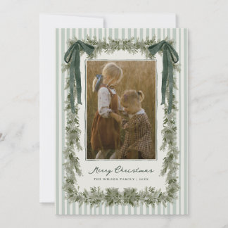 Velvet Bow and Stripes Christmas Photo Card Green