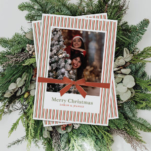 Velvet Bow Striped Single Photo Christmas Card