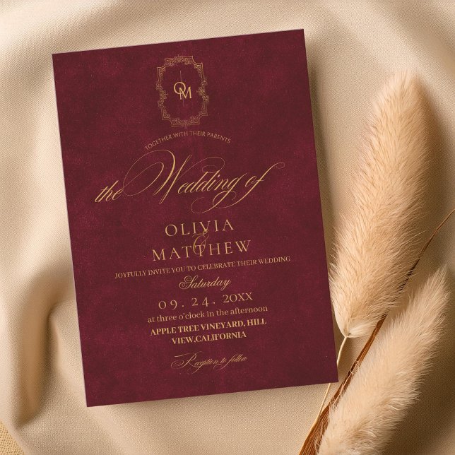 Velvet  Burgundy Script Wedding Invitation (Creator Uploaded)
