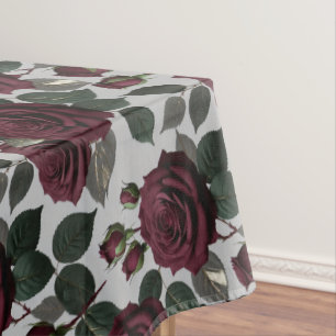 Velvet Like Dark Burgundy Roses With Green Leaves Tablecloth