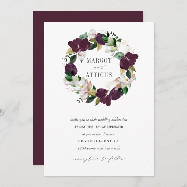 Velvet Magnolia and Ivory flower wreath wedding Invitation (Front/Back)