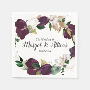 Velvet Magnolia Wreath Plum  Wedding Napkin