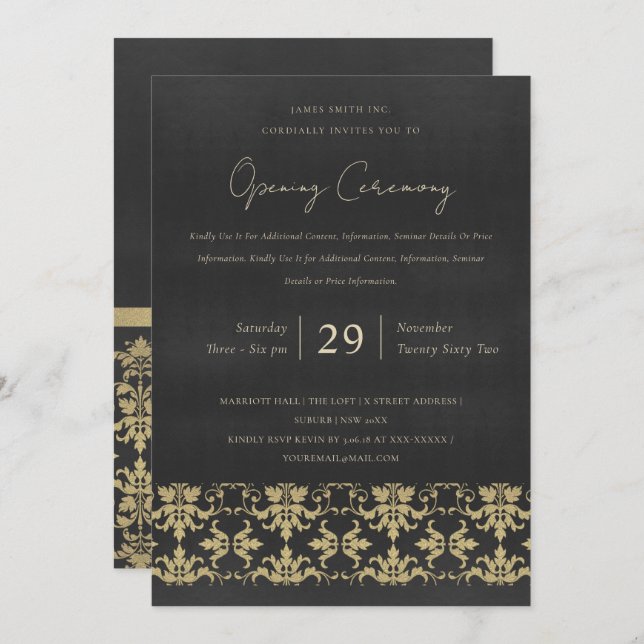 VELVET NAVY GOLD DAMASK GRAND  OPENING CEREMONY INVITATION (Front/Back)