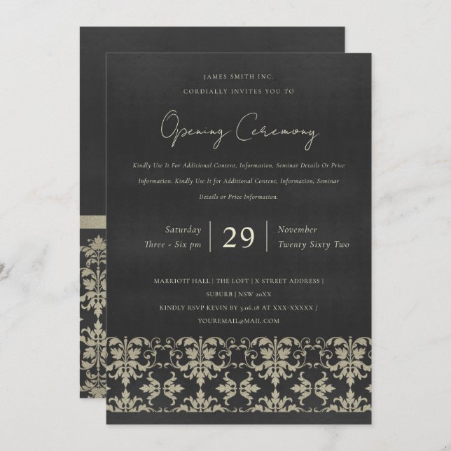 VELVET NAVY SILVER DAMASK GRAND OPENING CEREMONY INVITATION (Front/Back)
