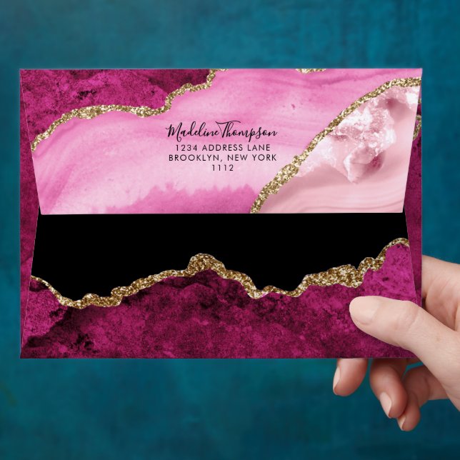 Velvet Pink Gold Agate Geode Script Address Envelope (Hand)