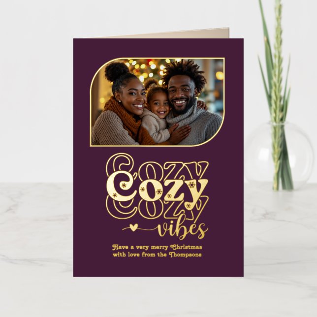 Velvet Plum Cosy Vibes Christmas Photo Foil Holiday Card (Front)