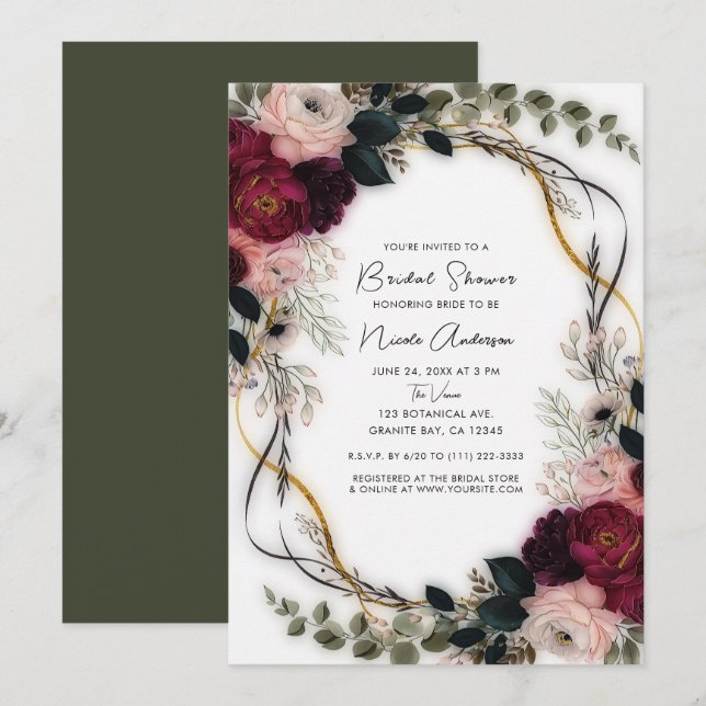 Velvet Plum Garden Floral Greenery Bridal Shower Invitation (Front/Back)