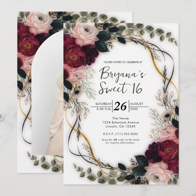 Velvet Plum Garden Floral Greenery Sweet 16 Invitation (Front/Back)