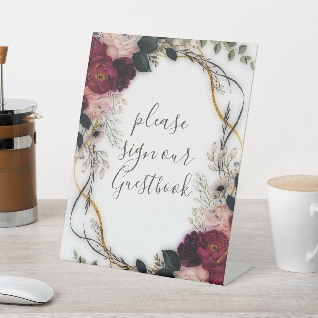 Velvet Plum Garden Floral Greenery Wedding  Pedestal Sign (In SItu)