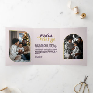 Velvet Plum Gold Cosy Vibes Retro Christmas Photo Tri-Fold Holiday Card