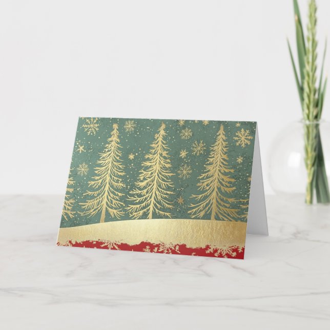 Velvet Red Border Gold Foil Christmas Tree Card (Front)