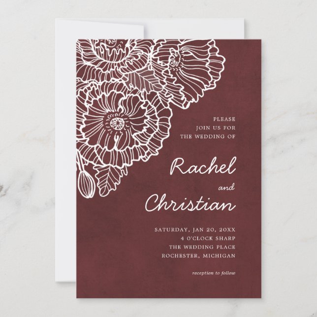 Velvet red with white lineart poppy flowers invitation (Front)
