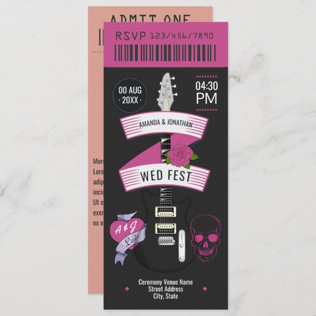 Velvet Thunder Rock ’n’ Roll Wedding Ticket Invitation (Front/Back)