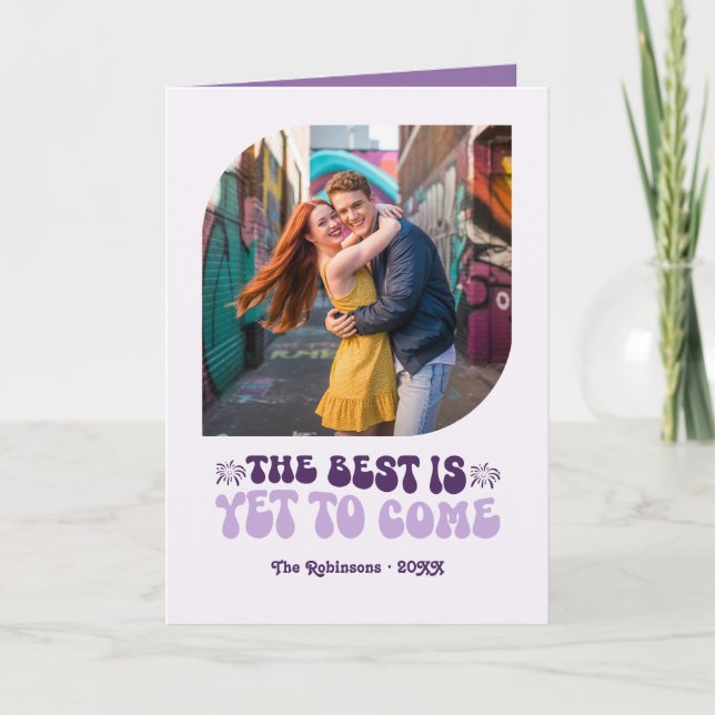 Velvet Violet Champagne Retro New Year Photo Holiday Card (Front)