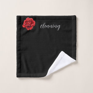 Velvety Black with White Script & Rose Accent Wash Cloth