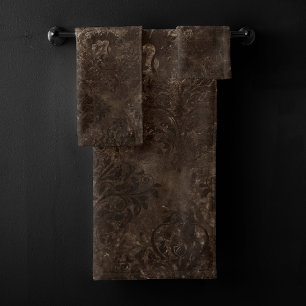 Velvety Bronze Damask Brown Baroque Grunge Bath Towel Set
