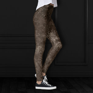 Velvety Bronze Damask   Brown Baroque Grunge Leggings