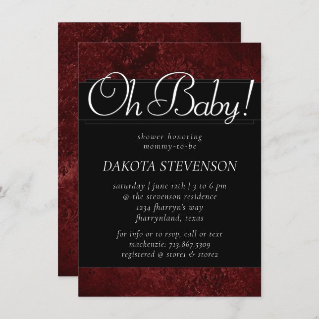 Velvety Henna Damask | Crimson Red Baroque Oh Baby Invitation (Front/Back)