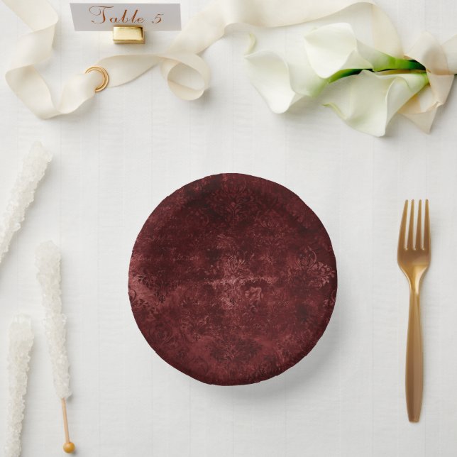 Velvety Henna Damask | Red Distressed Grunge Paper Plate (Wedding)