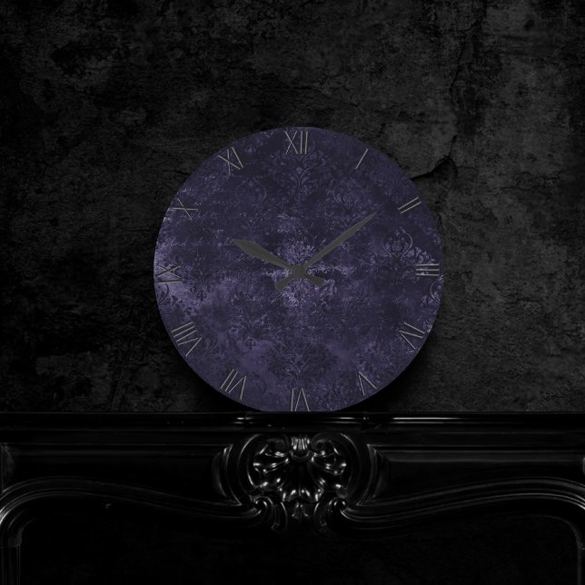 Velvety Midnight Damask | Indigo Purple Grunge Round Clock (Creator Uploaded)