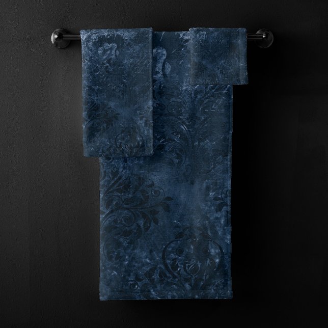 Velvety Navy Damask | Dark Blue Grunge Baroque Bath Towel Set (Creator Uploaded)