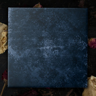 Velvety Navy Damask   Dark Blue Grunge Baroque Ceramic Tile