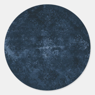 Velvety Navy Damask   Dark Blue Grunge Baroque Classic Round Sticker