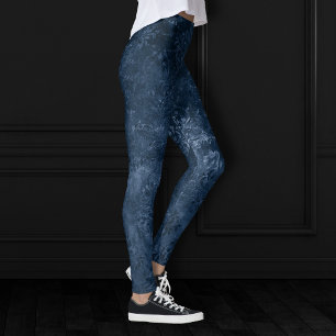 Velvety Navy Damask   Dark Blue Grunge Baroque Leggings