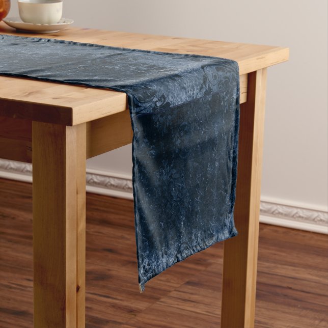 Velvety Navy Damask | Dark Blue Grunge Baroque Short Table Runner (In Situ)