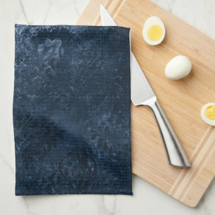 Velvety Navy Damask   Dark Blue Grunge Baroque Tea Towel