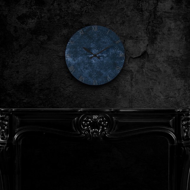 Velvety Navy Damask | Dark Blue Grunge Floral Round Clock (Creator Uploaded)