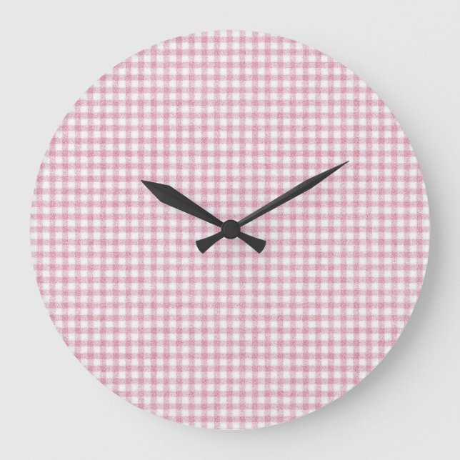 Velvety Pink and White Gingham Charm Large Clock (Front)