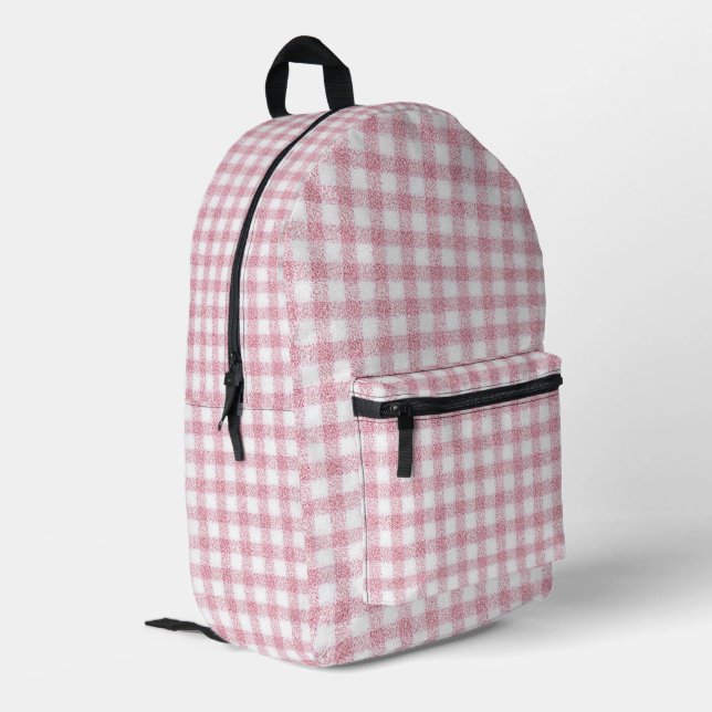 Velvety Pink and White Gingham Charm Printed Backpack (Back Corner Left)