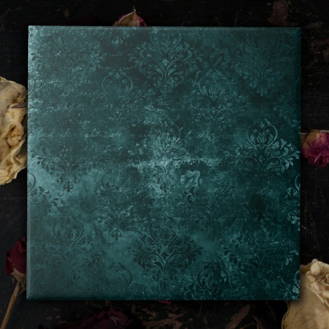 Velvety Teal Damask | Dark Green Grunge Baroque Ceramic Tile (Creator Uploaded)