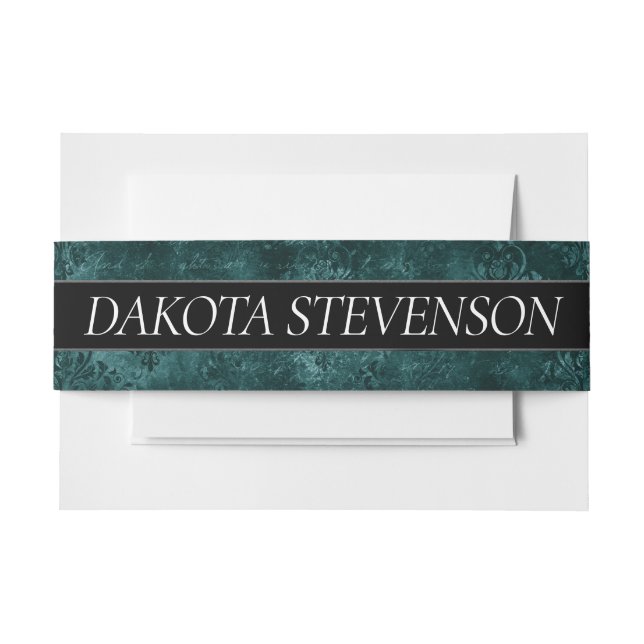 Velvety Teal Damask | Dark Green Grunge Baroque Invitation Belly Band (Front Example)