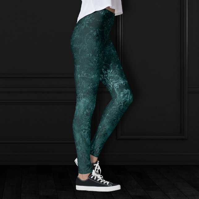 Velvety Teal Damask | Dark Green Grunge Baroque Leggings (Creator Uploaded)