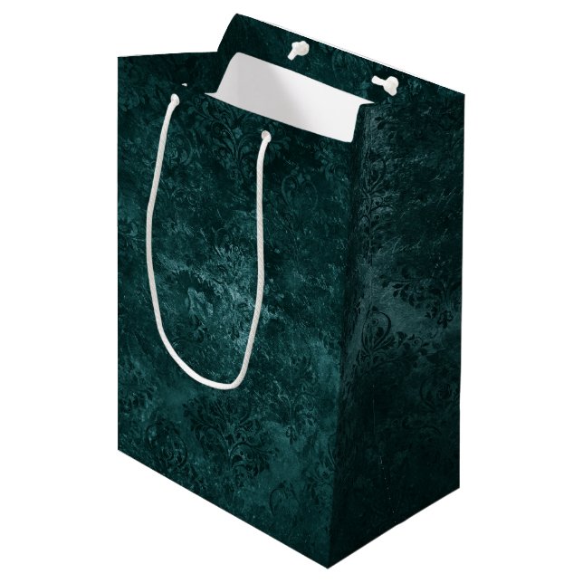 Velvety Teal Damask | Dark Green Grunge Baroque Medium Gift Bag (Front Angled)