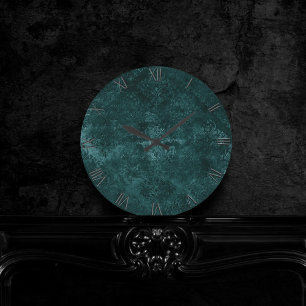 Velvety Teal Damask   Dark Green Grunge Baroque Round Clock