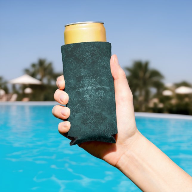 Velvety Teal Damask | Dark Green Grunge Baroque Seltzer Can Cooler (In Situ Pool)