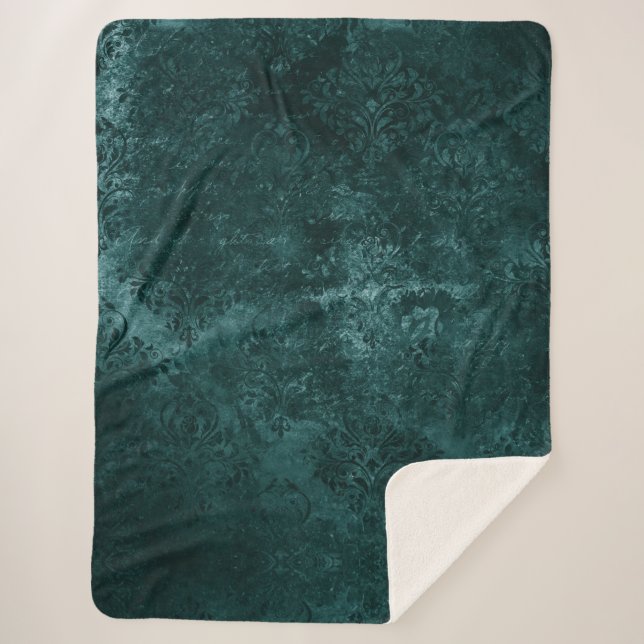 Velvety Teal Damask | Dark Green Grunge Baroque Sherpa Blanket (Front)