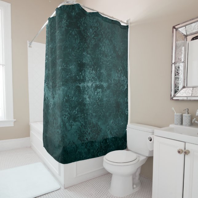 Velvety Teal Damask | Dark Green Grunge Baroque Shower Curtain (In Situ)
