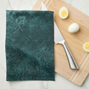 Velvety Teal Damask   Dark Green Grunge Baroque Tea Towel