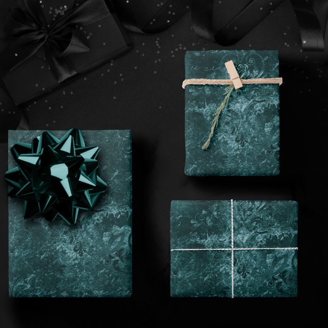 Velvety Teal Damask | Dark Green Grunge Baroque Wrapping Paper Sheet (Creator Uploaded)