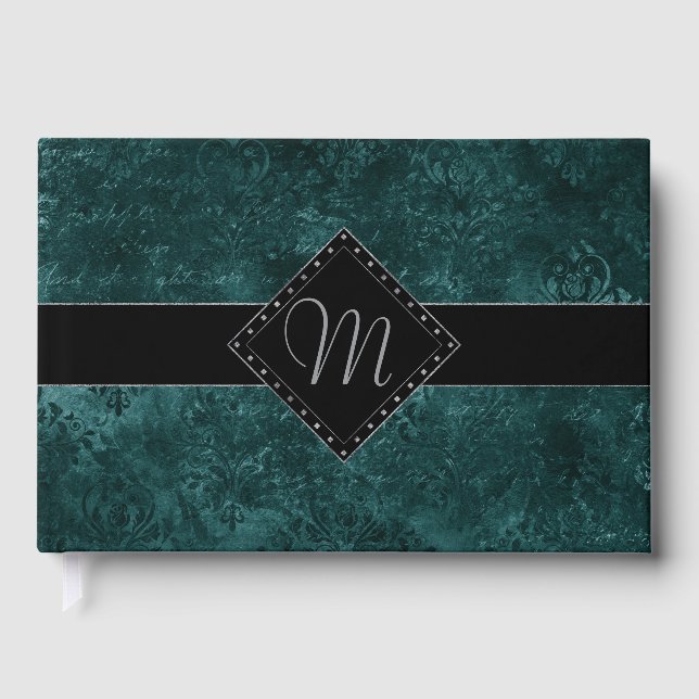 Velvety Teal Damask | Dark Green Grunge Custom Guest Book (Front)