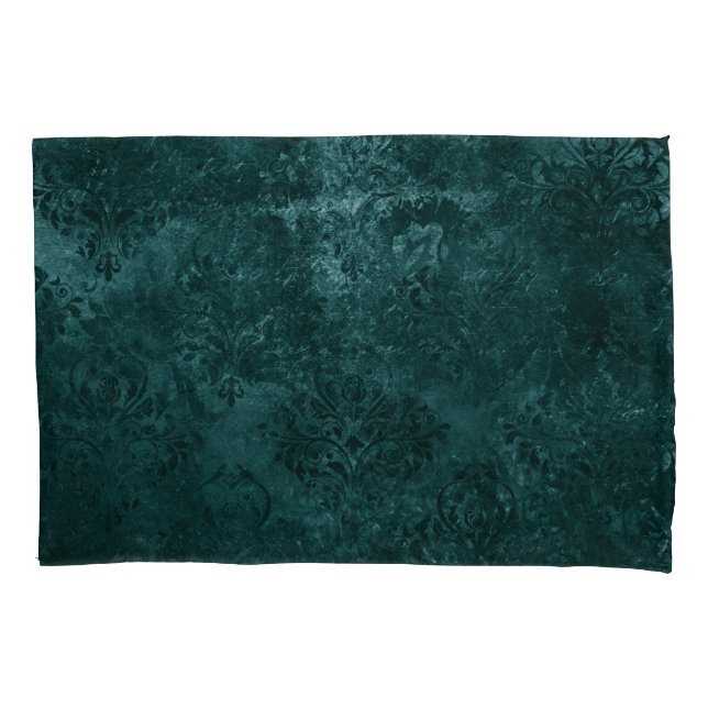 Velvety Teal Damask | Dark Green Grunge Floral Pillowcase (Front)