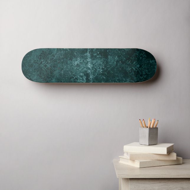 Velvety Teal Damask | Dark Green Grunge Floral Skateboard (Wall Art (Horz))