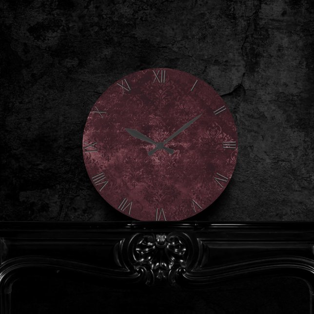 Velvety Wine Damask | Bordeaux Sangria Grunge Glam Round Clock (Creator Uploaded)